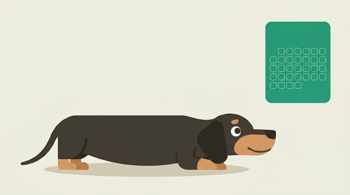 Flat geometric illustration of a calm dachshund lying down next to a green calendar