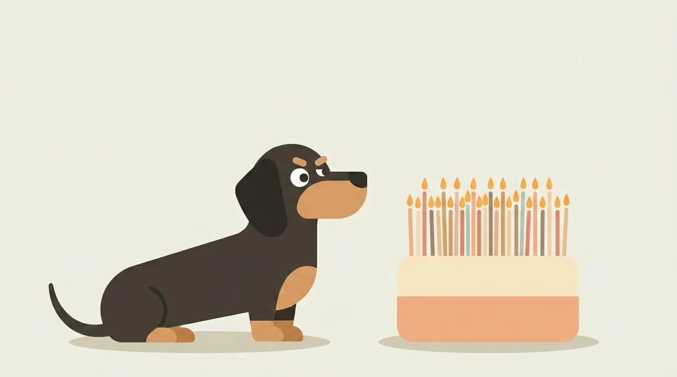 Flat geometric illustration of a dachshund looking skeptically at a birthday cake crowded with far too many candles