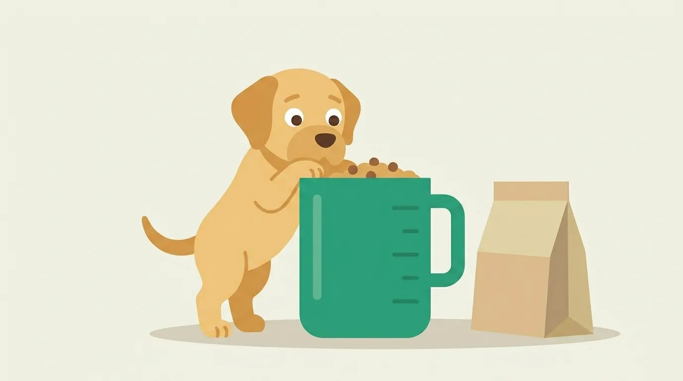 Flat geometric illustration of a labrador puppy peering into an oversized green measuring cup full of kibble next to a food bag