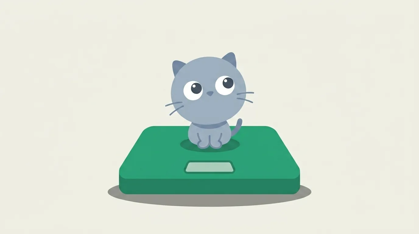 Flat geometric illustration of a tiny blue-gray kitten sitting in the middle of a comically large green kitchen scale