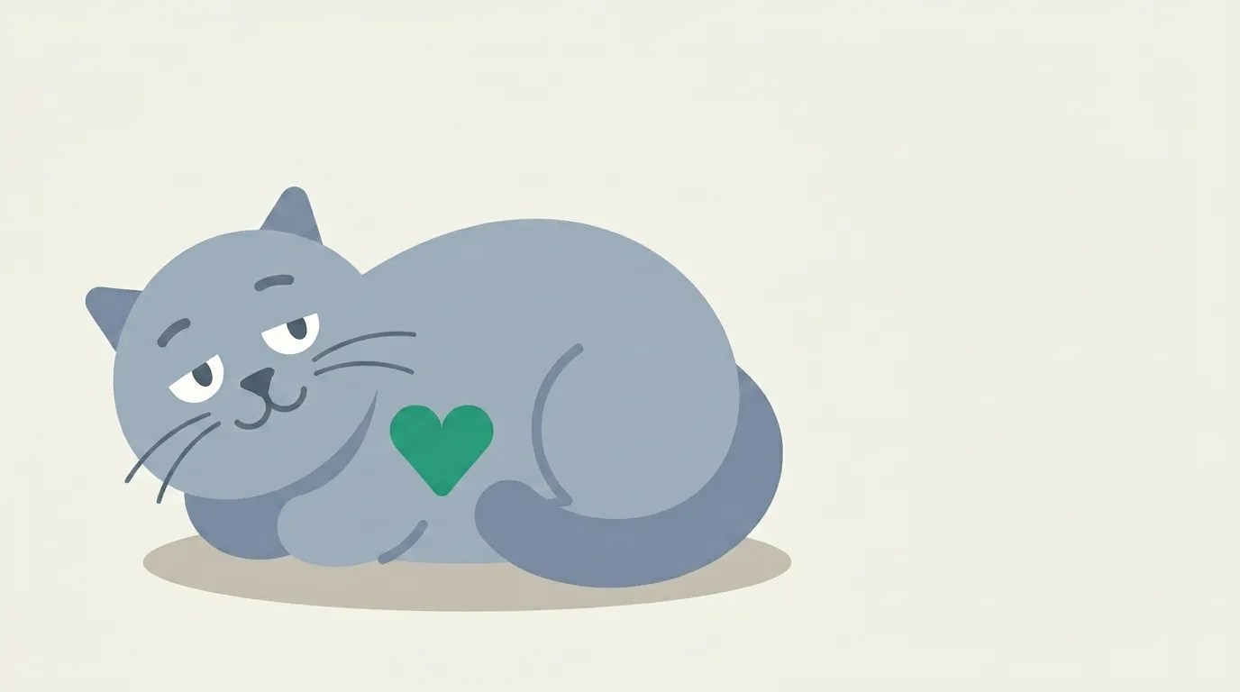 Flat geometric illustration of a content blue-gray cat lying down with a green heart on its belly